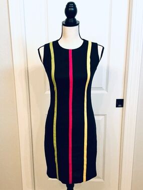 SANTA FE Vintage 100% Linen Sheath SlvLess Dress in Black w/Colored Stripes Sz 2